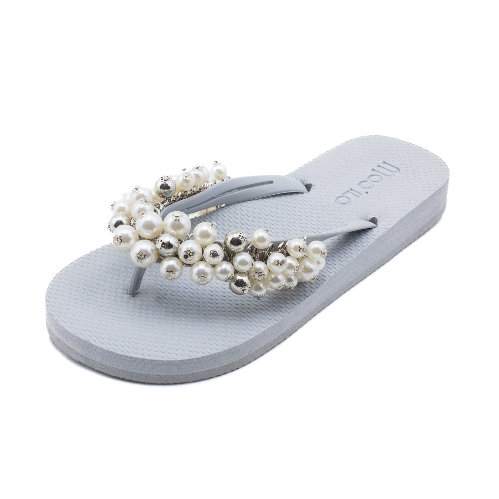 Flip-Flop / Perlen - Grau-Weiß-Silber / B Ware / Farbveränderung in der Sohle