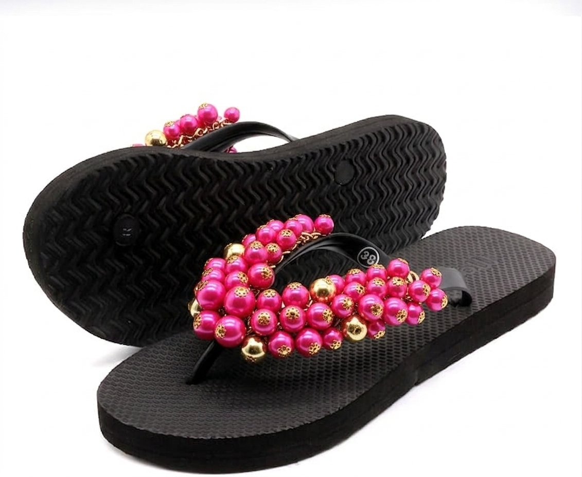 Flip-Flop / Perlen - Schwarz -Pink / B Ware
