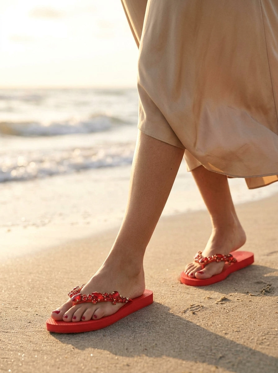 Embellished Flip-Flops — On Model - Beach Walk Luxury | Generated by Modelize