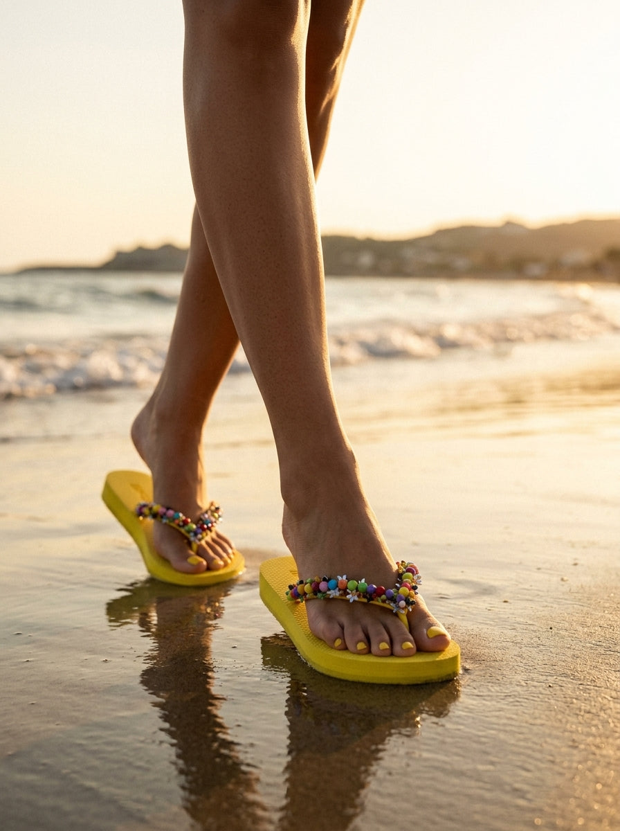 Embellished flip-flops — On Model - Beach Walk Luxury | Generated by Modelize