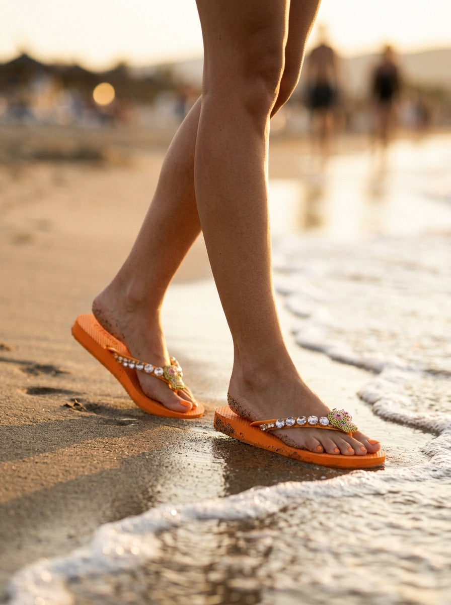 Embellished flip-flops — On Model - Beach Walk Luxury | Generated by Modelize