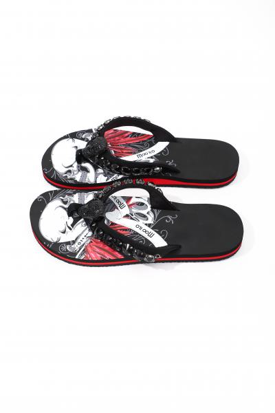 Herren Flip-Flops - Black - Skull with Chain /  Neopren Clutch